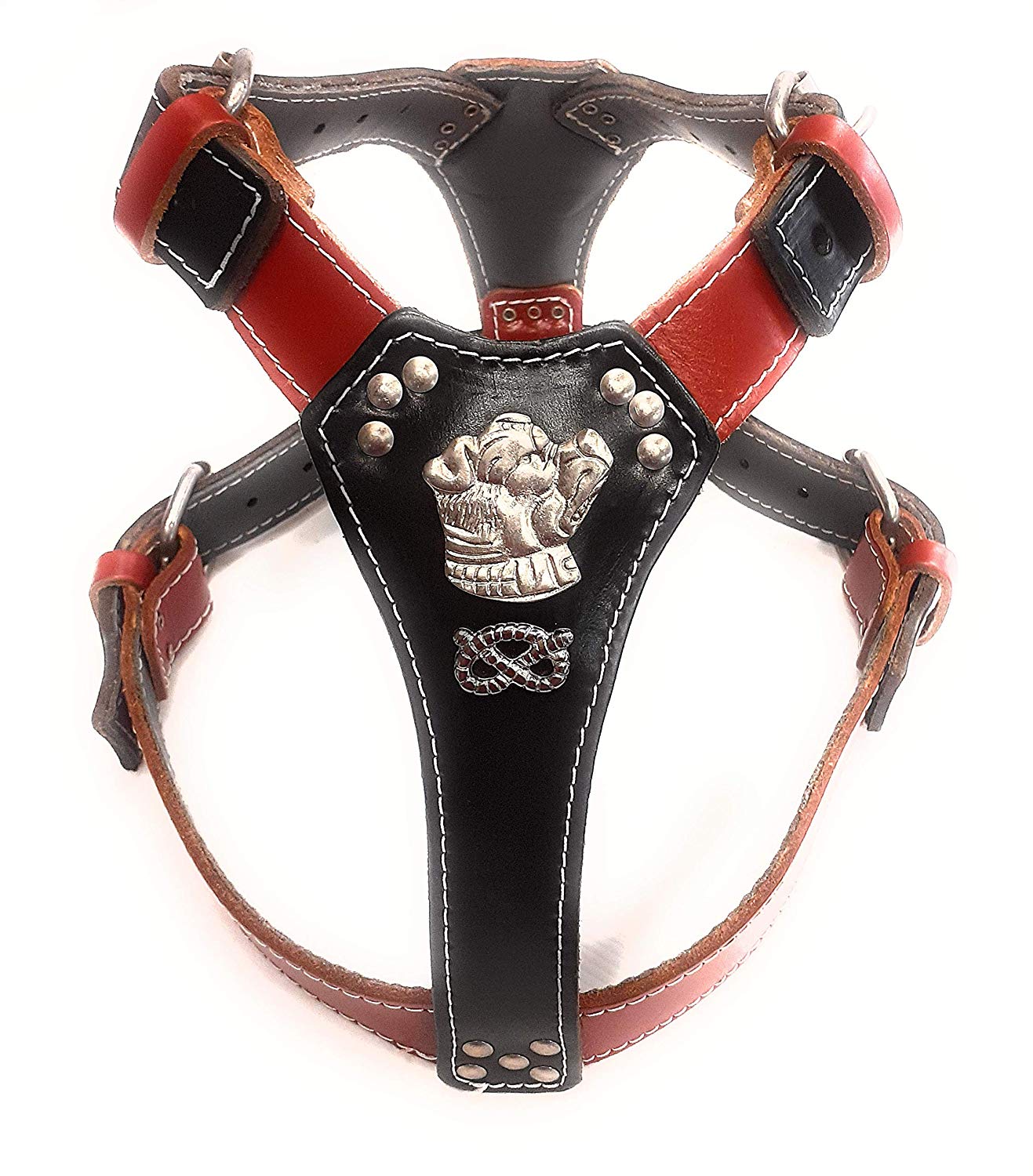 Two Tone Black / Red Leather Dog Harness with Staffordshire Bullterrier Head Motif & Knot