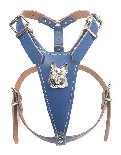 Blue Leather Dog Harness with French Bulldog Head Motif