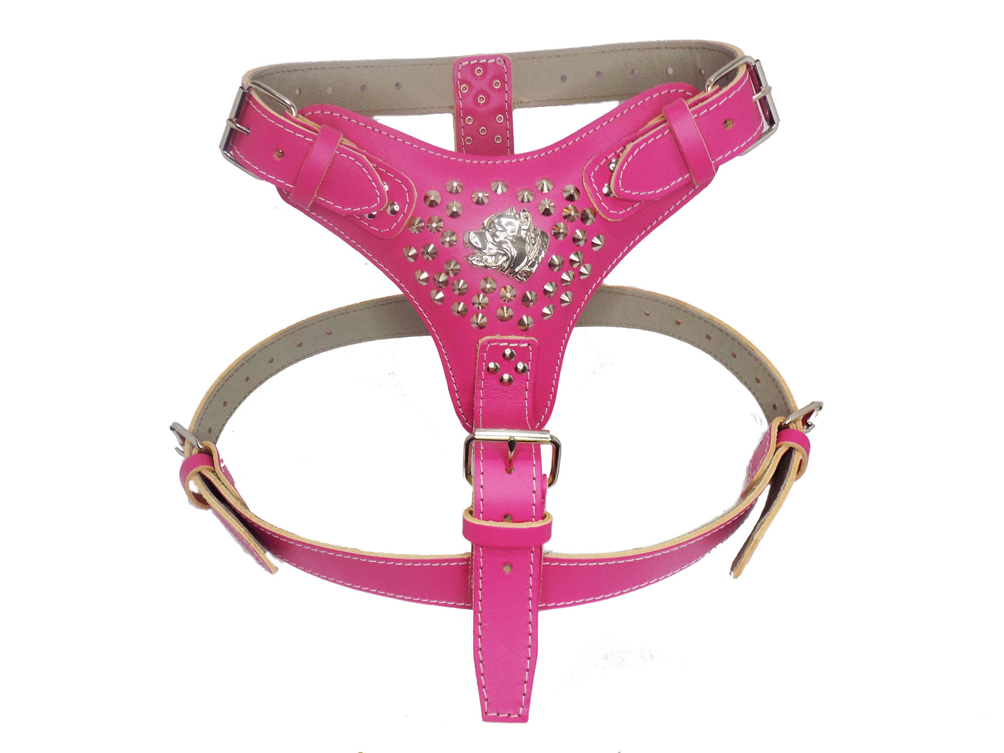Extra Large Heavy Duty Leather Dog Harness with Silver American Bully and Studded Design