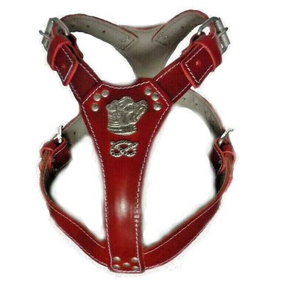 Cherry Leather Dog Harness with Staffy Head Motif and Knot