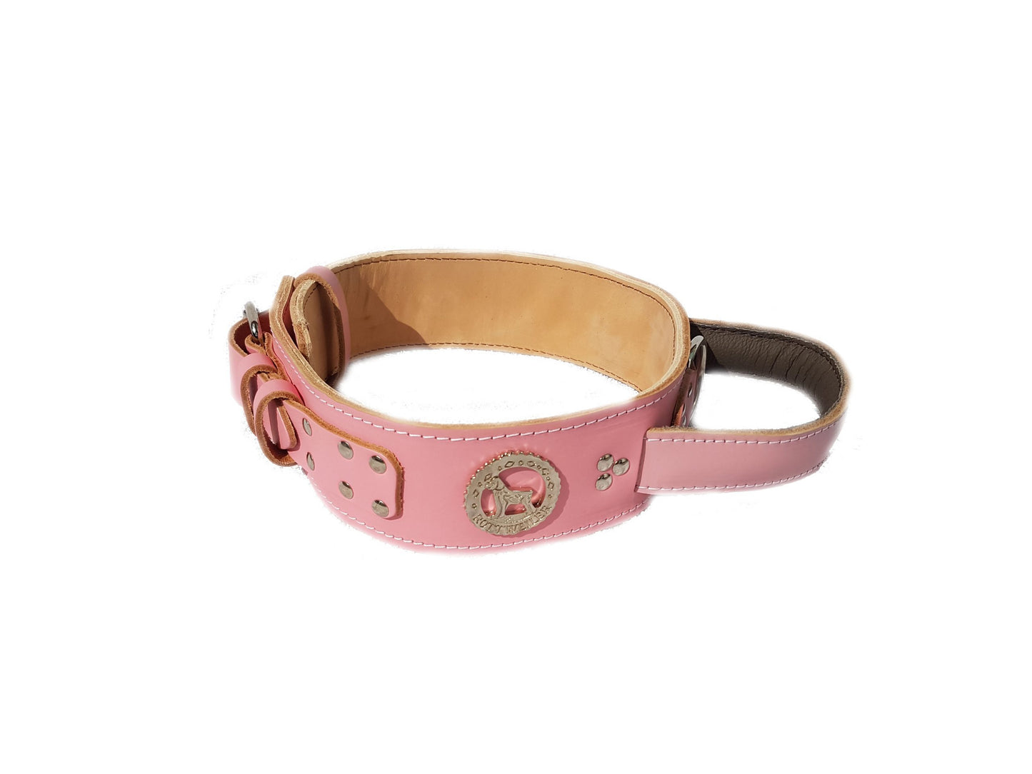 2.5 inch Baby Pink Dog Collar with Rottweiler head motif and Handle