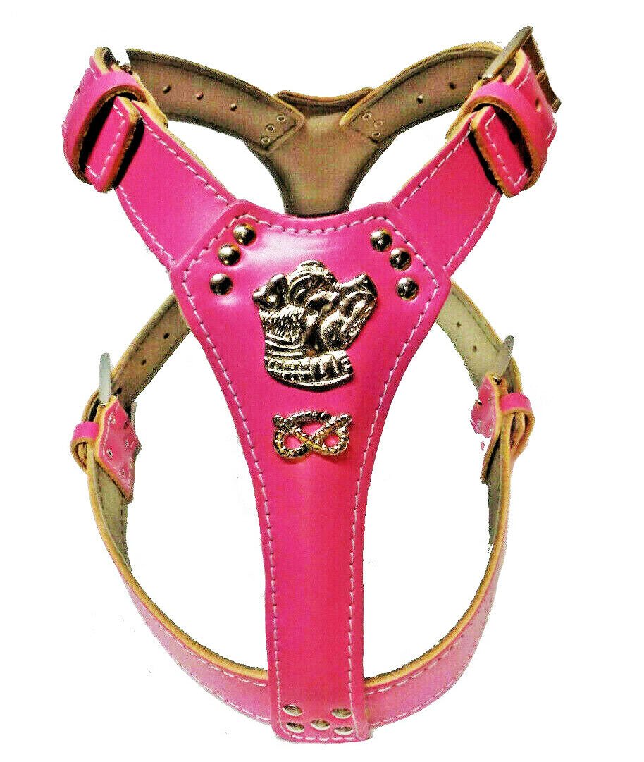 Deep Pink Leather Dog Harness with Staffy Staffordshire Bull Terrier Head Motif and Knot