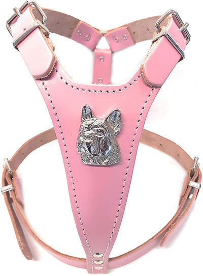 Baby Pink Leather Dog Harness with French Bulldog Head Motif