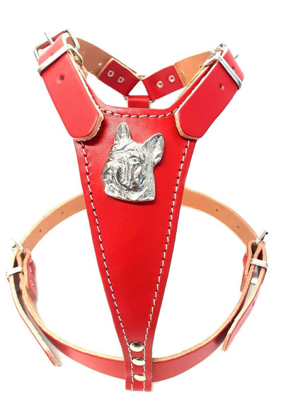 Red Leather Dog Harness with French Bulldog Head Motif