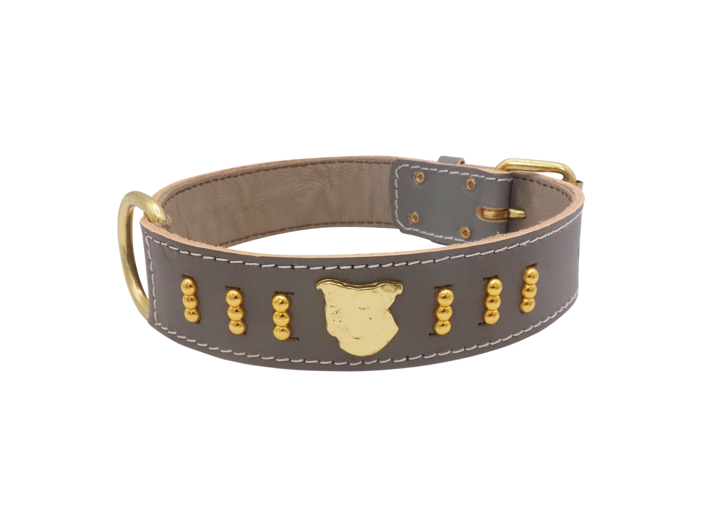 1.5" wide Staffy Leather Dog Collar with Gold Unique Decorative Design and Staffordshire Bull Terrier Badge