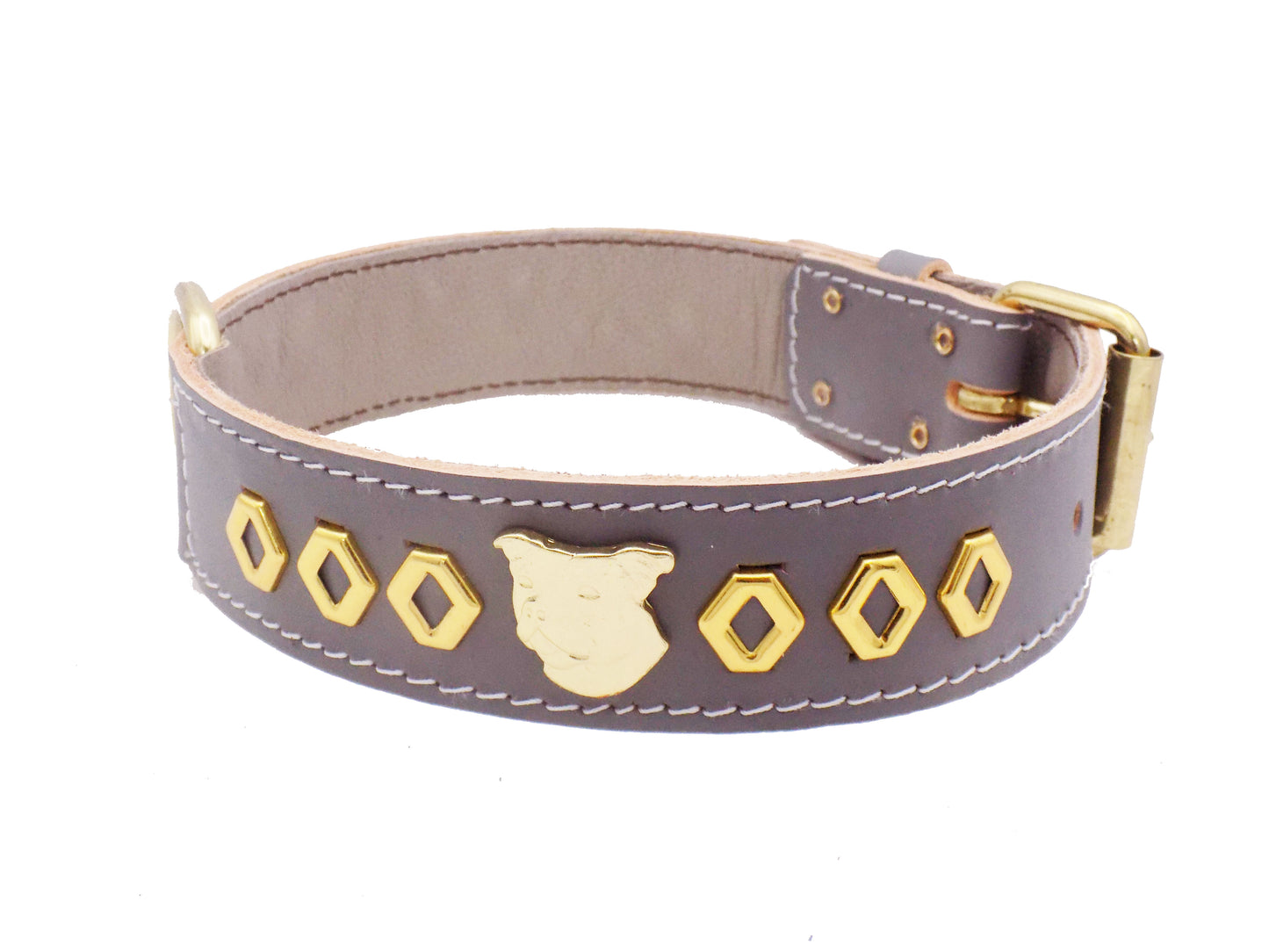 1.5" Staffy Leather Dog Collar with Gold Decorative Design and Staffordshire Bull Terrier Badge