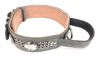 2.5 inch Studded Grey Dog Collar with American bulldog Head Motif & Handle