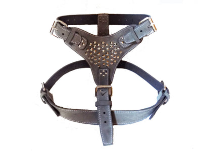 Extra Large Heavy Duty Grey Leather Dog Harness with Studds