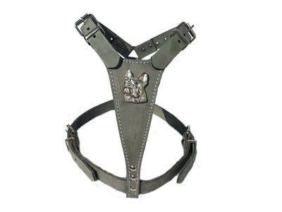 grey leather french bulldog harness