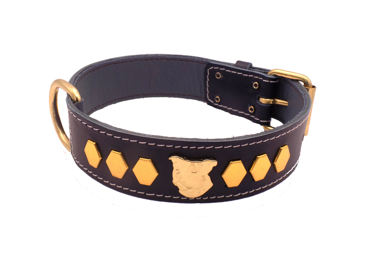 1.5" Staffy Leather Dog Collar with Unique Gold Decorative Design and Staffordshire Bull Terrier Badge