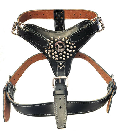 Extra Large Heavy Duty Black Leather Dog Harness with Rottweiler and Studds