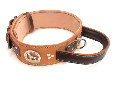 2.5 inch Two Tone Leather Dog Collar Beige/Dark Brown with Rottweiler Head Motif and Handle