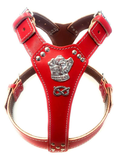 Staffy Red Leather Dog Harness with Staffordshire Bullterrier Head Motif & Knot
