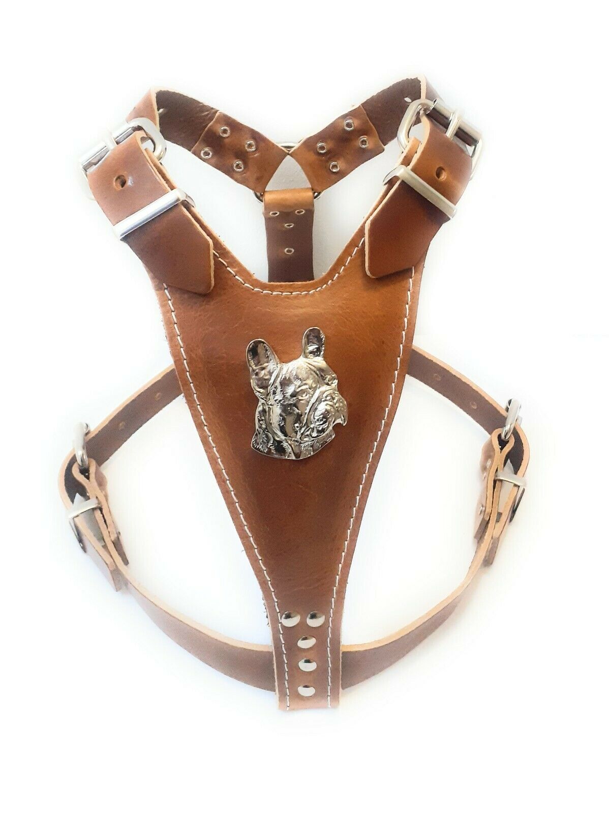 Leather Frenchie Harness with French Bulldog Head Motif only For Fully Grown and Bit Bigger French Bulldogs