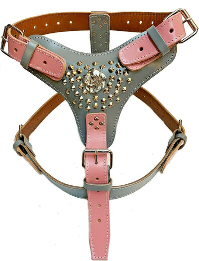Two Tone Grey/Baby Pink Extra Large Heavy Duty Leather Dog Harness with American Bulldog Head