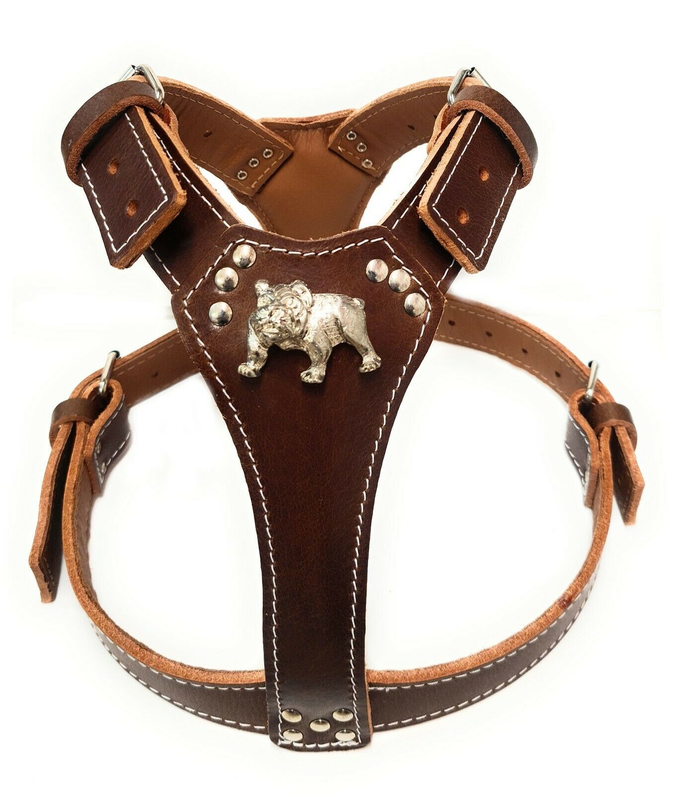 Brown Large Leather Dog Harness with English Bulldog Badge