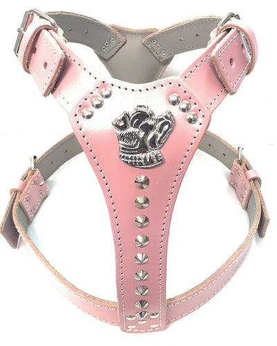 Baby Pink Leather Dog Harness with Studded Design & Staffordshire Bull Terrier Head Motif