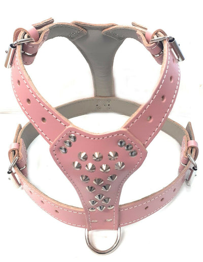 Baby Pink Leather Dog Harness with Studded Design & Staffordshire Bull Terrier Head Motif
