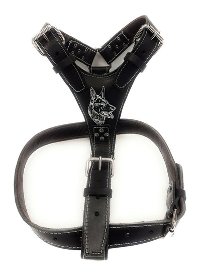 Black Leather Dog Harness with German Shepherd, Husky Badge, Akita