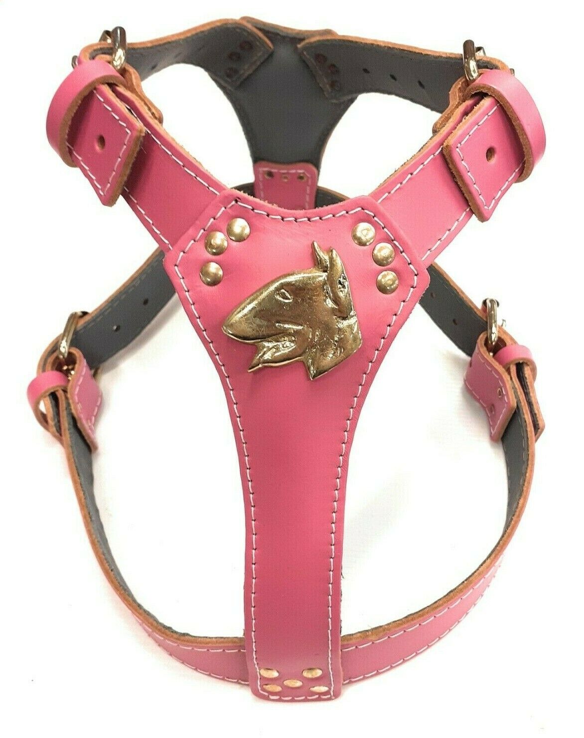 Deep Pink Leather Dog Harness with Gold English Bull Terrier Head Motif