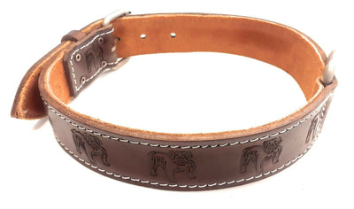 1.5 Inch Brown Leather Dog Collar with Printed English Bulldog