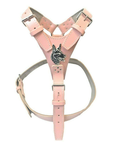 Pink Leather Dog Harness with German Shepherd Badge, Husky Badge, Akita
