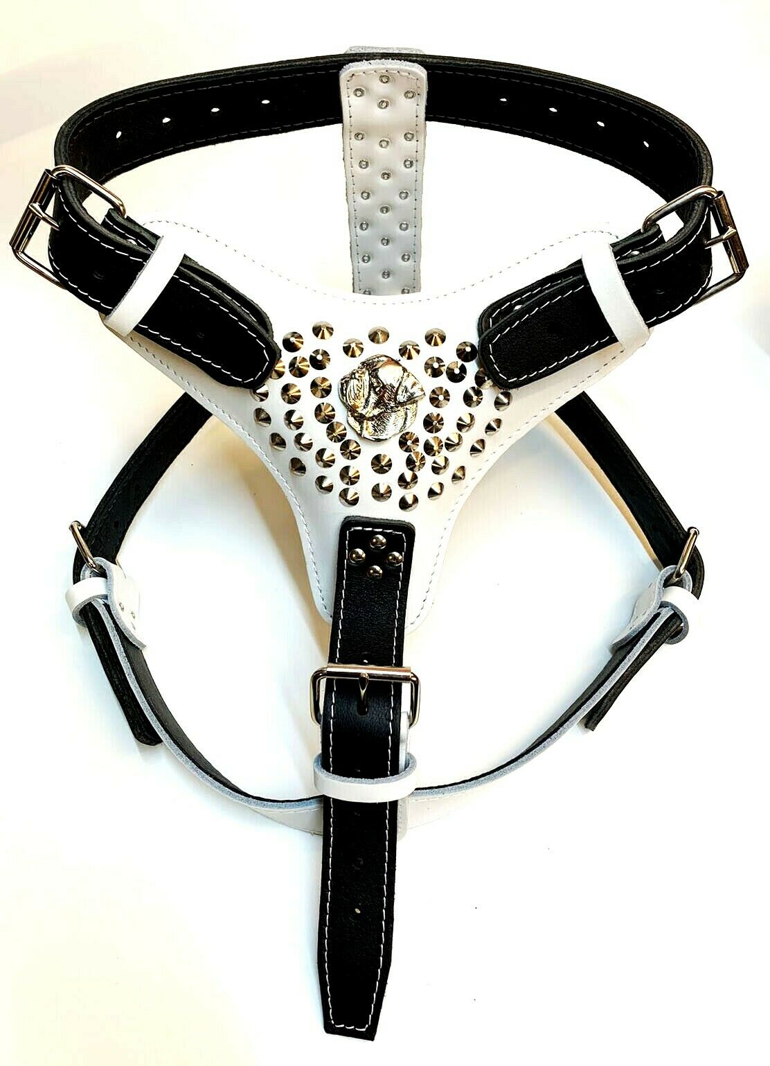 Two Tone Extra Large Heavy Duty White/Black Leather Dog Harness with American Bulldog Head
