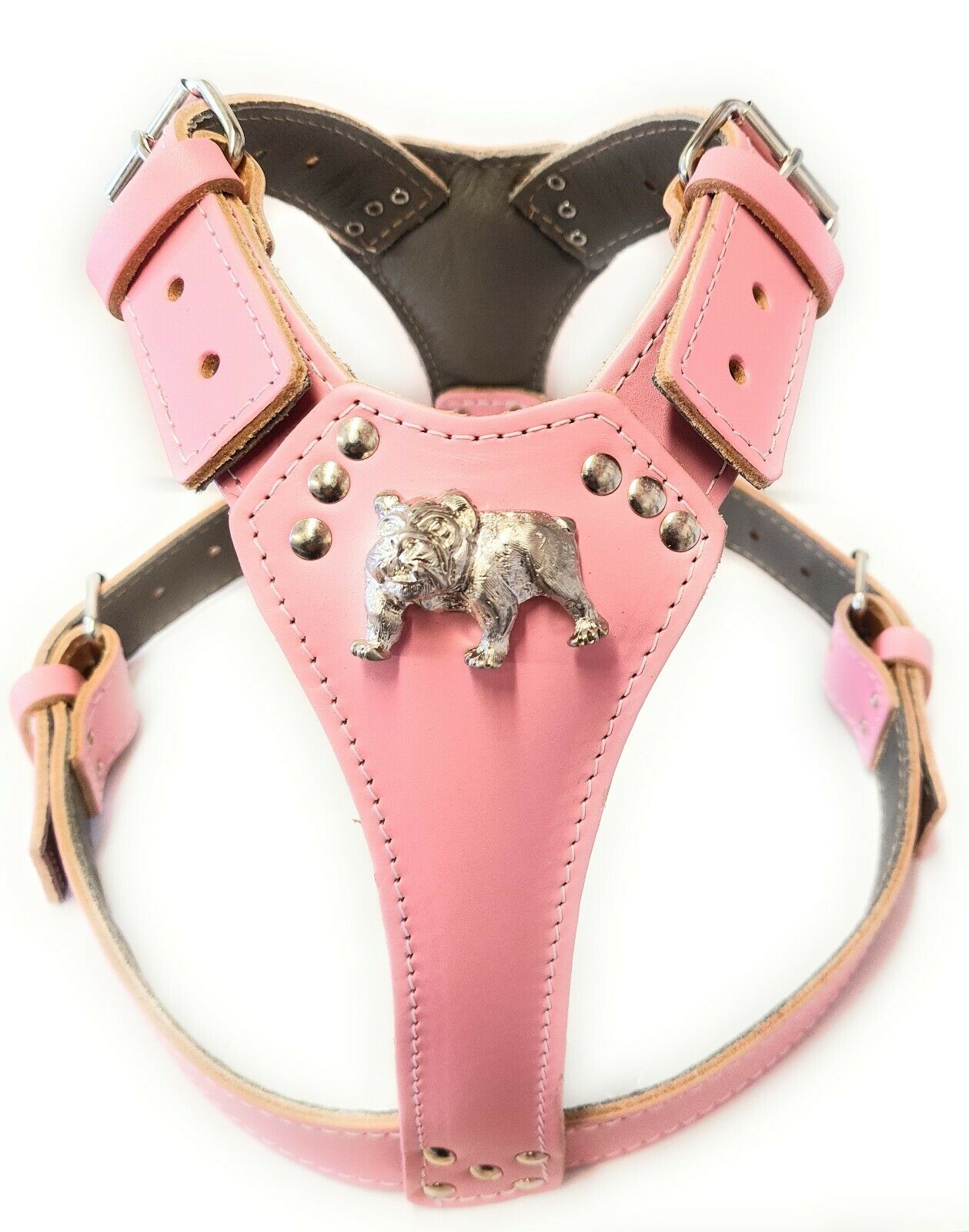 Baby Pink Large Leather Dog Harness with English Bulldog Badge