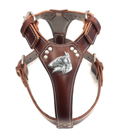Brown Large Leather Dog Harness with English Bull Terrier Head Motif